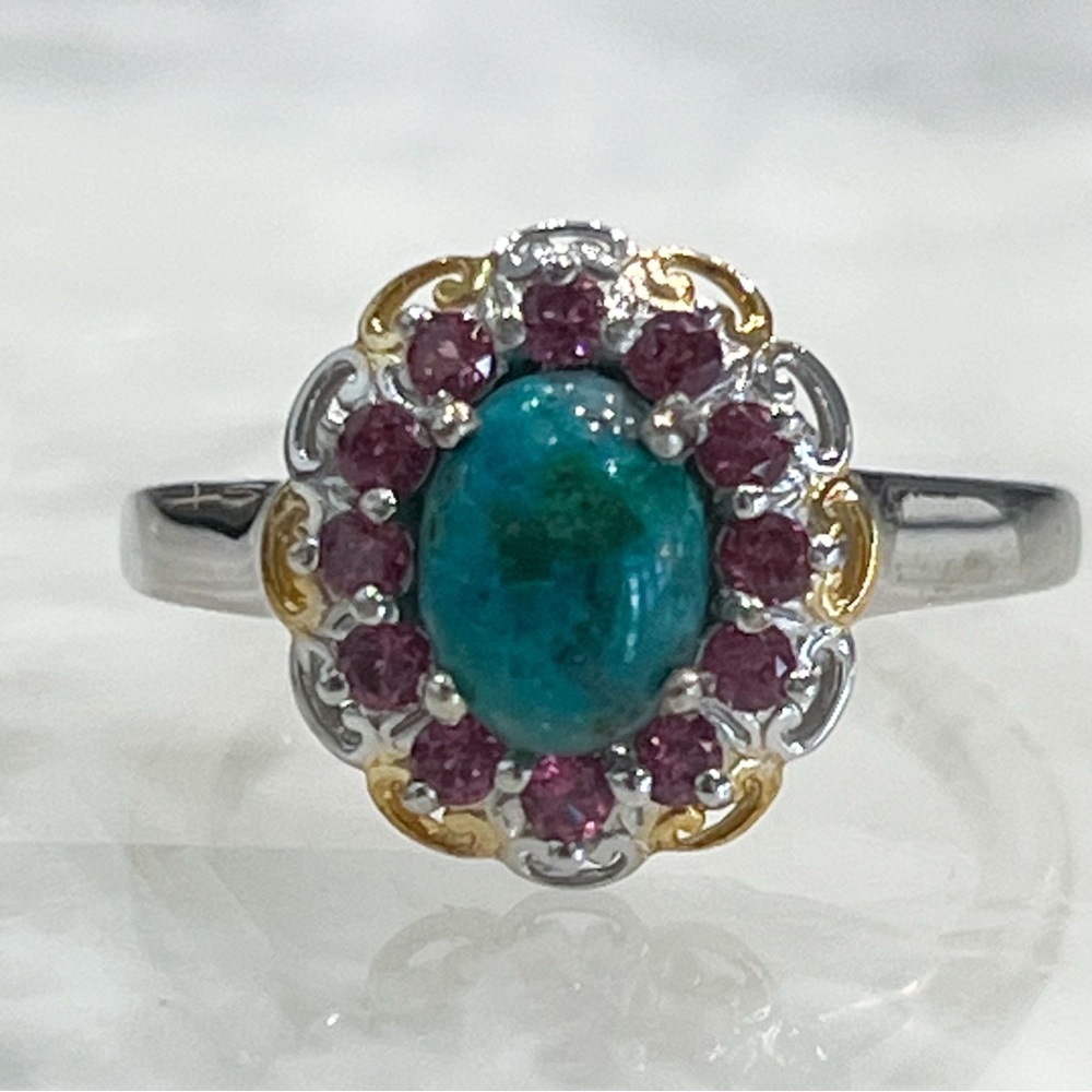 Chrysocolla & Orissa Rhodolite Garnet 14K YG/Sterling Silver Floral Ring Sz 8